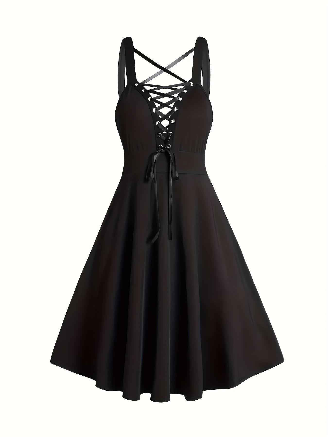 [Plus Size, Stretchable] Gothic Lace Up Grommet Eyelet Tie Front A Line Dress, Soft Jersey High Waist Buckle Belted Sleeveless Short Dress for Party Club Dating Wear, Women's Plus Clothing for Summer, Dresses for Women, Plus Size Formal Dress