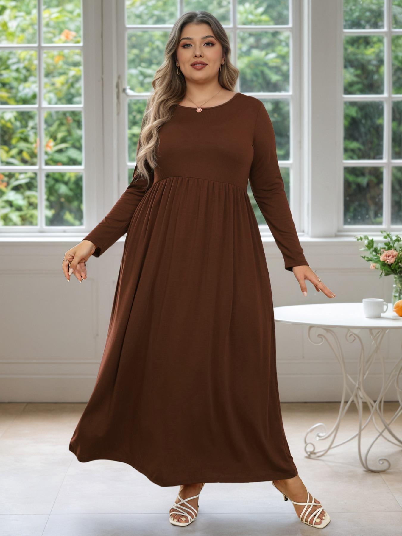 Women's Round Neck Stretchy Casual Fitted Long Plus Size Dress, Perfect for Bridesmaids, Vintage Style Wedding & Party Wear, Comfortable Fabric