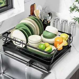 Dish Drying Rack for Kitchen Counter - Large Capacity Dish Rack with Wooden Handle,Cup Holder & Knife Slots, Rustproof Dish Drainer with Auto-Drainage System, Kitchen Sink Organizer, Black