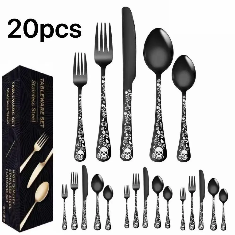 5-60 Piece Skull Pattern Silverware Set, Stainless Steel Cutlery Set, Dishwasher Safe, Halloween Party Gift, Daily Use Essentials, Cutlery Kit