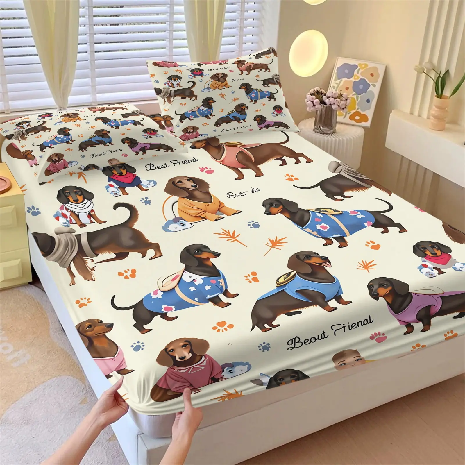 Cute Cartoon Dachshund Dog Fitted Sheet Set, 1 Fitted Sheet + 2 Pillowcases, Deep Pocket Non-Slip Mattress Protector, Soft Breathable All Season Bedding, Lovely Pet Paw Print Cartoon Animal Print For Kids Teens Bedroom Decor