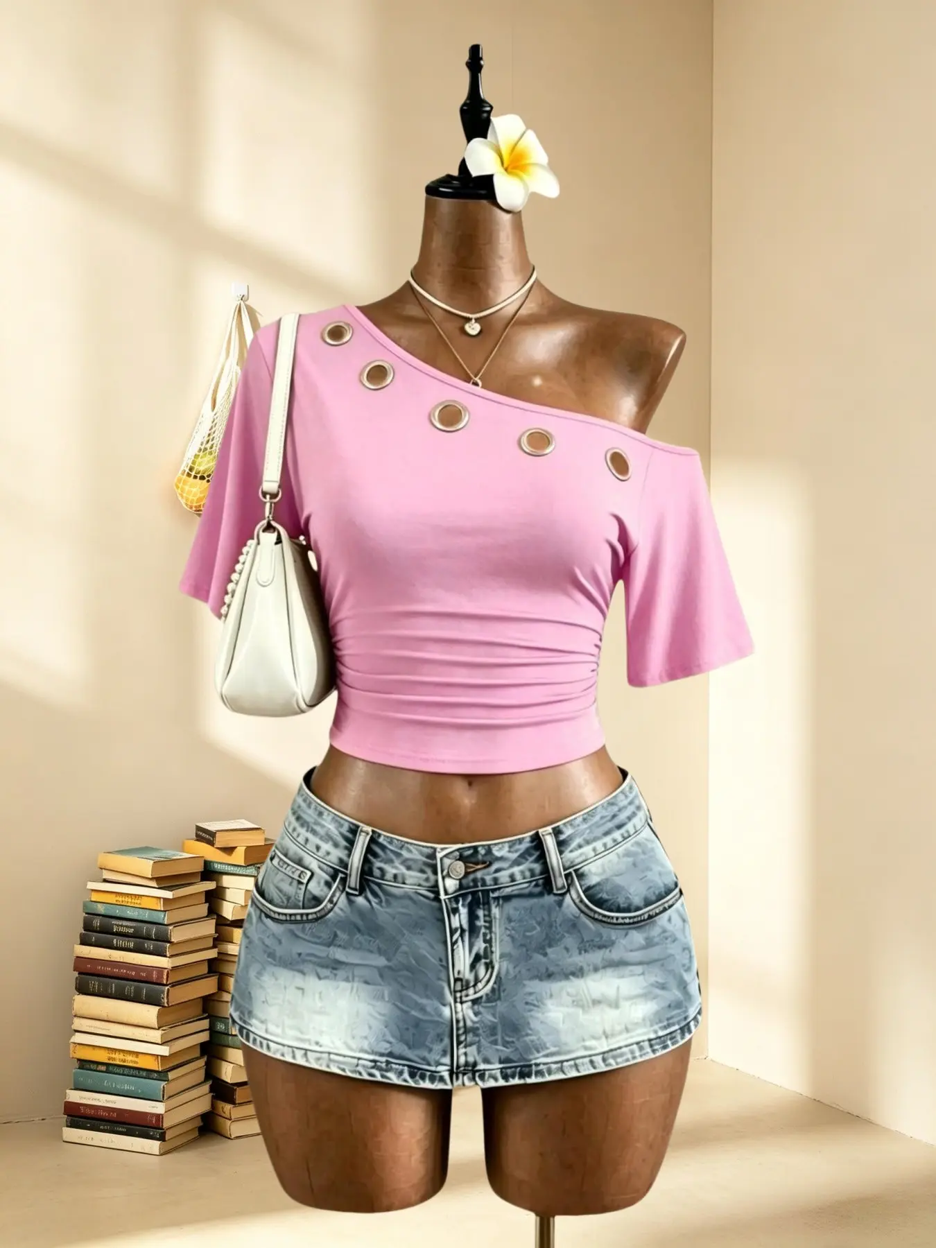 Metallic Eyelet Asymmetrical Shoulder T-Shirt, Single-Sided Off-Shoulder Design, Chic Commuter Top, Slimming Sexy Girl Shirt, Single Piece