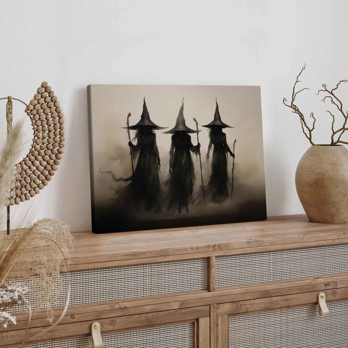 Wooden Framed Canvas Painting, 1-3 Count Mysterious Black-robed Wizards Fantasy Poster, Halloween Decorative Poster, Modern Art Decoration, Home Decoration for Living Room Bedroom, Ornaments