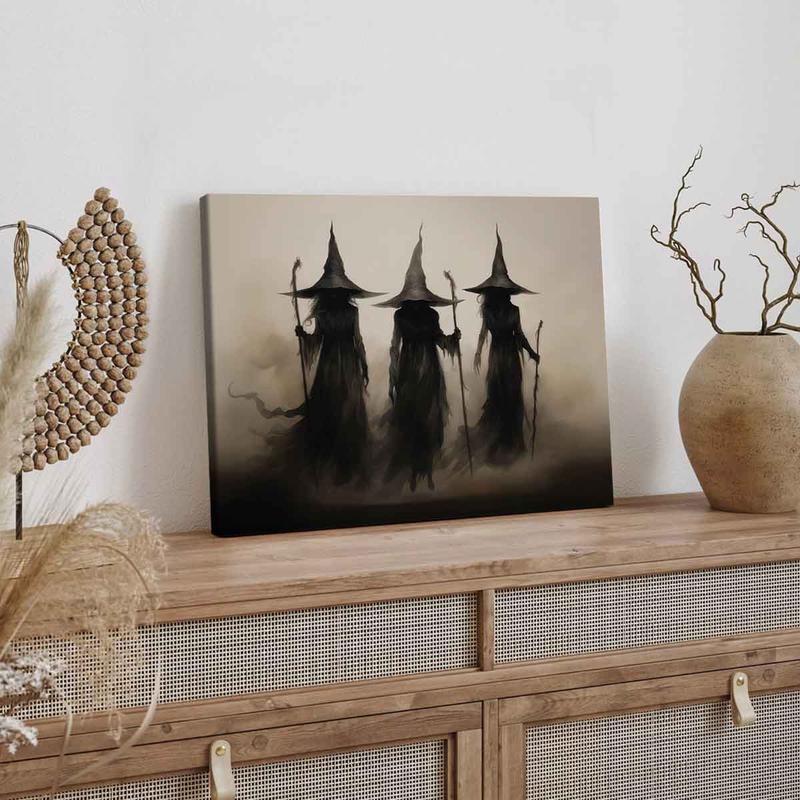 Wooden Framed Canvas Painting, 1-3 Count Mysterious Black-robed Wizards Fantasy Poster, Halloween Decorative Poster, Modern Art Decoration, Home Decoration for Living Room Bedroom, Ornaments