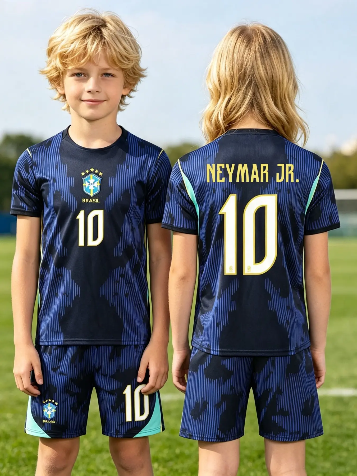 Brazilian Neymar 10 Kids Football Set, Navy Striped Print Jersey, Unisex Breathable Quick-Dry Round Neck Short Sleeve Shorts, Outdoor Sports Gift