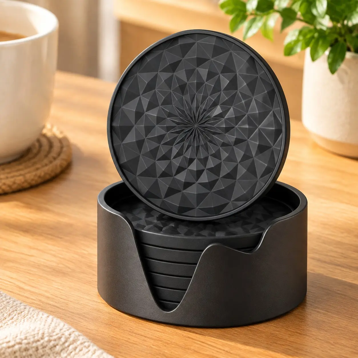 Silicone Coasters 6 Pack with Holder, Non-Slip Deep Tray Drink Coasters for Hot and Cold Cups, Thickened Table Cup Mats, BlackGift