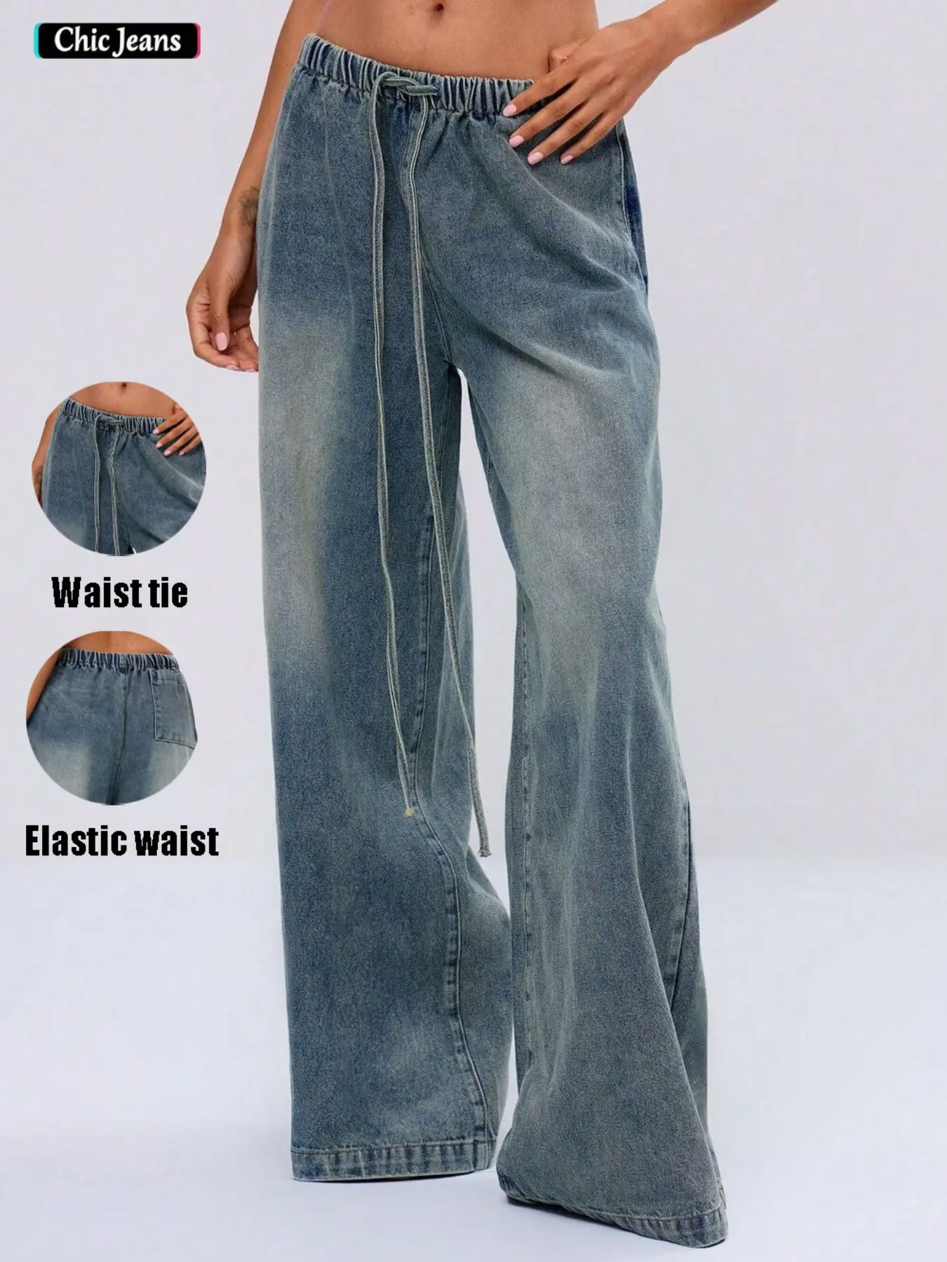 Women's Vintage Distressed Elastic Waist Drawstring Jeans, Wide Leg Design, Perfect for Daily Commute, Street Style, Casual Wear, Vacation