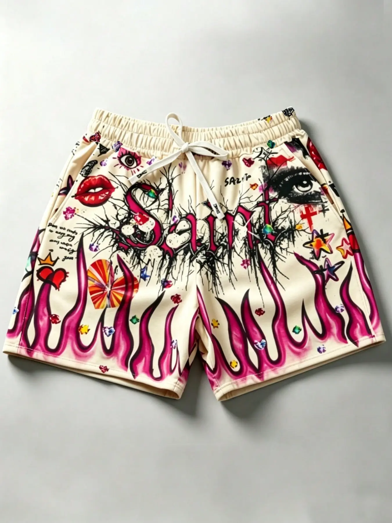 New trendy SAINT eye flame shorts for men and women, all-over print Graphic summer beach shorts, outdoor shorts, unisex style, European and American fashion trendy casual shorts, street style trendy brand shorts, bottoms, Y2K