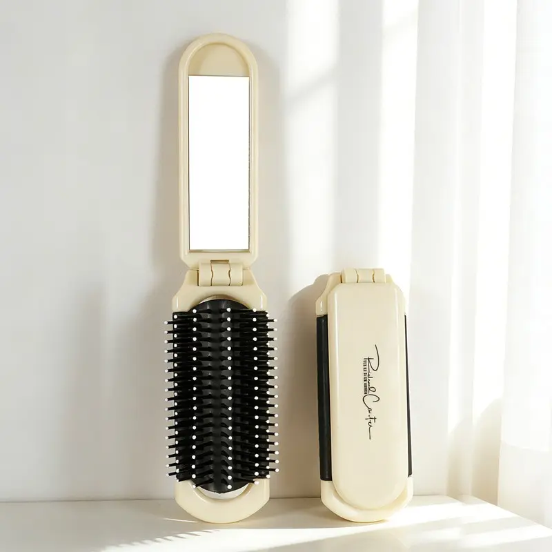 Folding Travel Hair Brush for Purse - Small Travel Brush with Mirror, ABS and Flexible Nylon Bristles, Set of Lightweight Purse Brushes for Women - Small Hairbrush for Purse, Mini Brush
