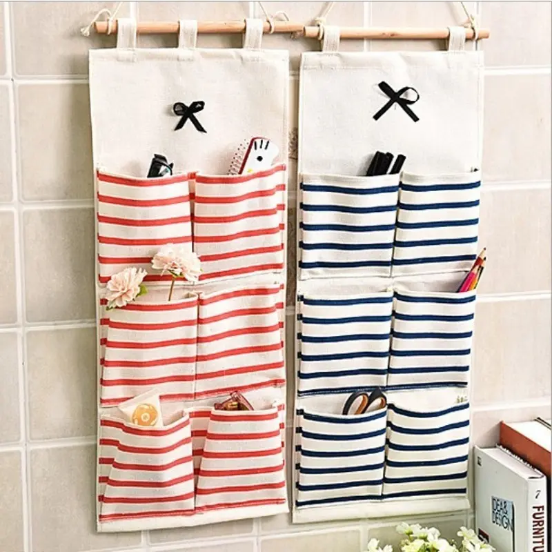 3/6 Pocket Linen Cotton Wall Hanging Storage Organizer, Multi-grid Dorm Wall Mount Sundry Sorting Hanging Bag