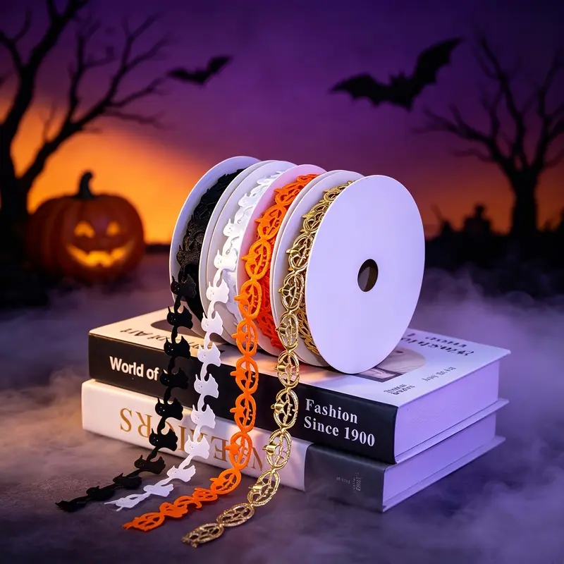 4 Pack Halloween Cutout Ribbon, Ghost Pumpkin Silhouette Lace Trim, 4 Colors Decorative Sewing Ribbons for Gift Wrap, DIY Crafts, Wreath, Bouquet, Halloween Home Party, Costume & Cake Decor