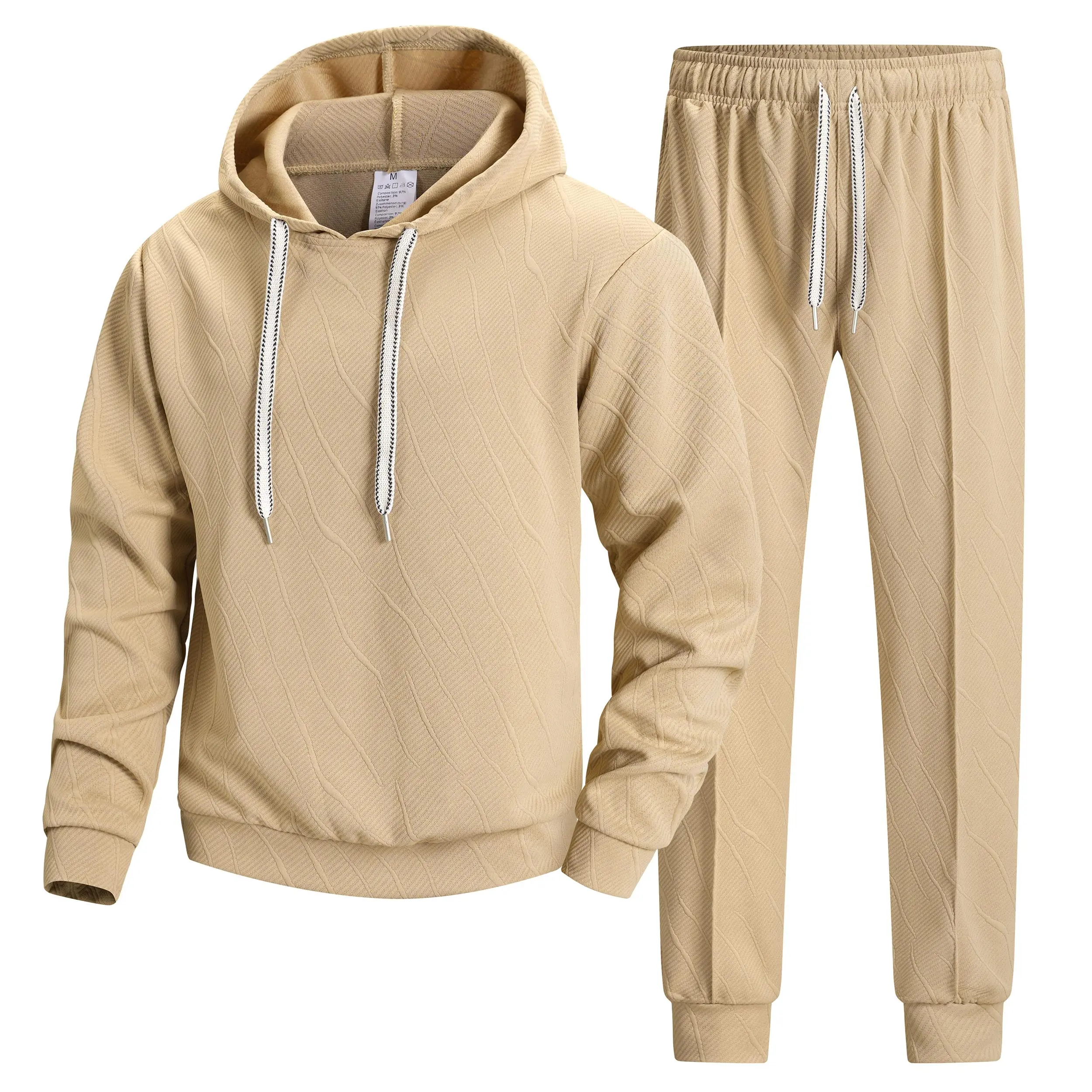 Men's 2-Piece Tracksuit Set, Casual Leaf Jacquard Weave Hooded Sweatshirt and Jogger Pants with Elastic Cuffs, Clothes