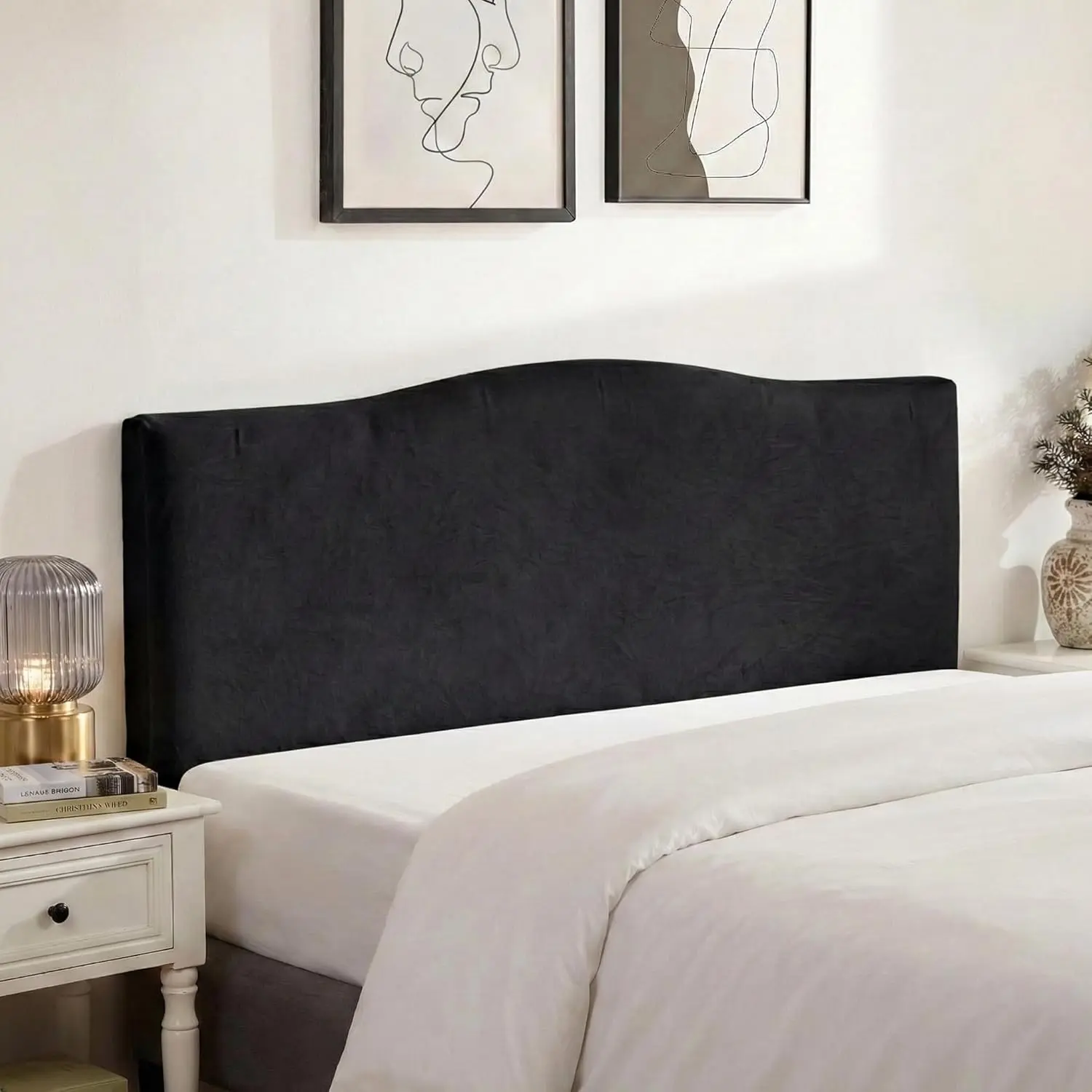 Headboard Cover Queen with Storage Pockets, Stretch Velvet Head Board Slipcover, Dustproof Bed Head Cover for Upholstered Headboard (Length (51" - 70"), Black)
