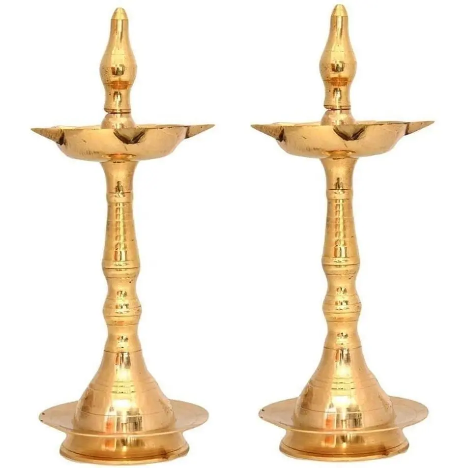 8-Inch Pure Brass Religious Pooja Lamp - Kerala Traditional Samai Deepak Kutthu Vilakku Panchmahal Deepam, Home Decor for Indian Festivals Pooja Mandir, Indian Puja Gift Set, Pack of 2, Balanced Base