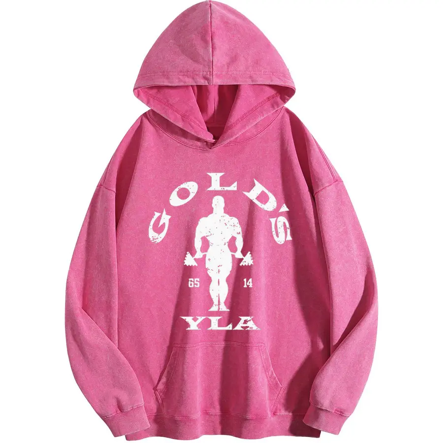 WAYII Women's Vintage Old School Aesthetic Acid-Washed Hoodie - Polyester Fabric, Retro Weightlifting Man Silhouette Distressed Print, Oversized Workout Pullover Hooded Sweatshirt, Fitness Streetwear Jackets Leggings-Matching Style