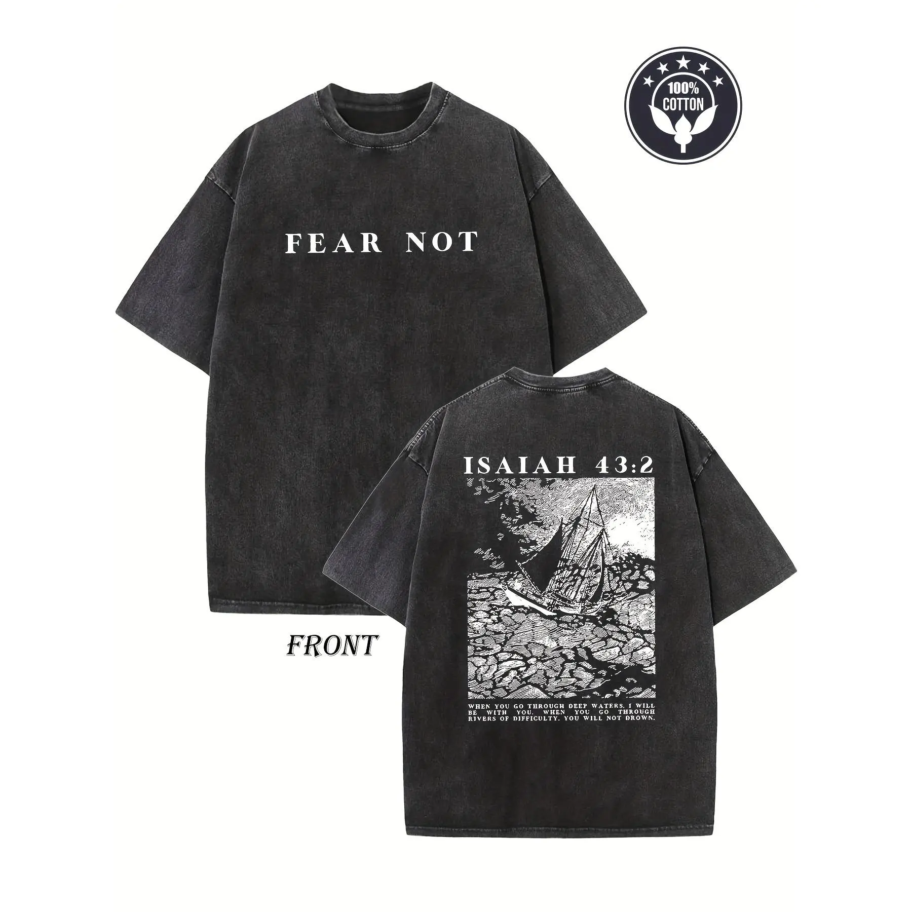Vintage Men’s Christian Fear Not Isaiah 43:2  Washed T-Shirt, 100% Cotton Oversized Bible Verse Graphic Tee, Religious Faith Streetwear