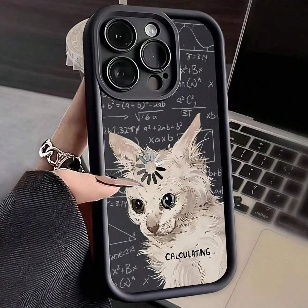 Calculating Cat Phone Case, Cute Cartoon Ladder Pattern Protective Cover Compatible With Smartphones 12-17 Pro