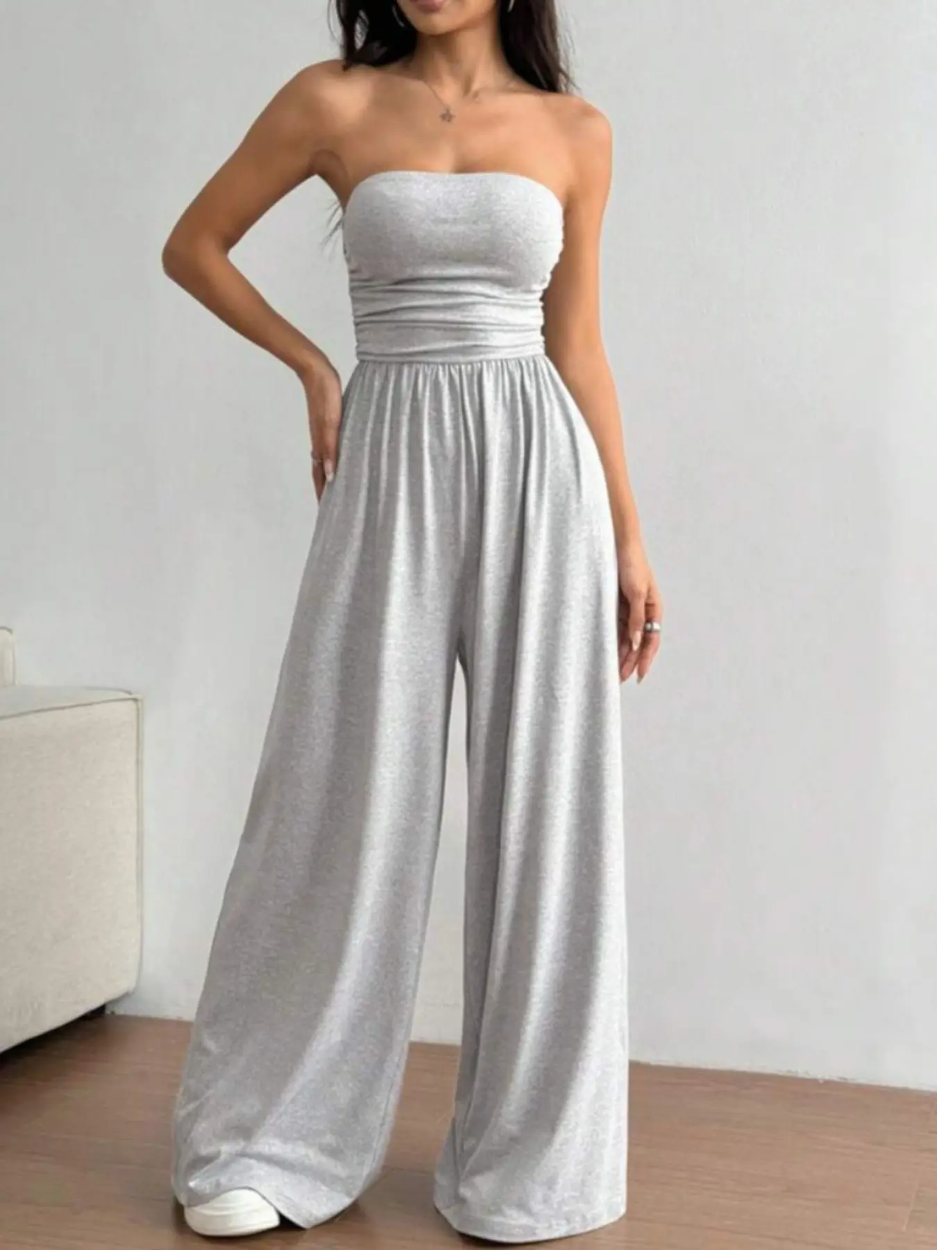 Lw-Sherowear Casual Solid Color Strapless Sleeveless Tank Top Romper, Comfortable Long Pants, Perfect for Daily Wear, Stylish and Practical