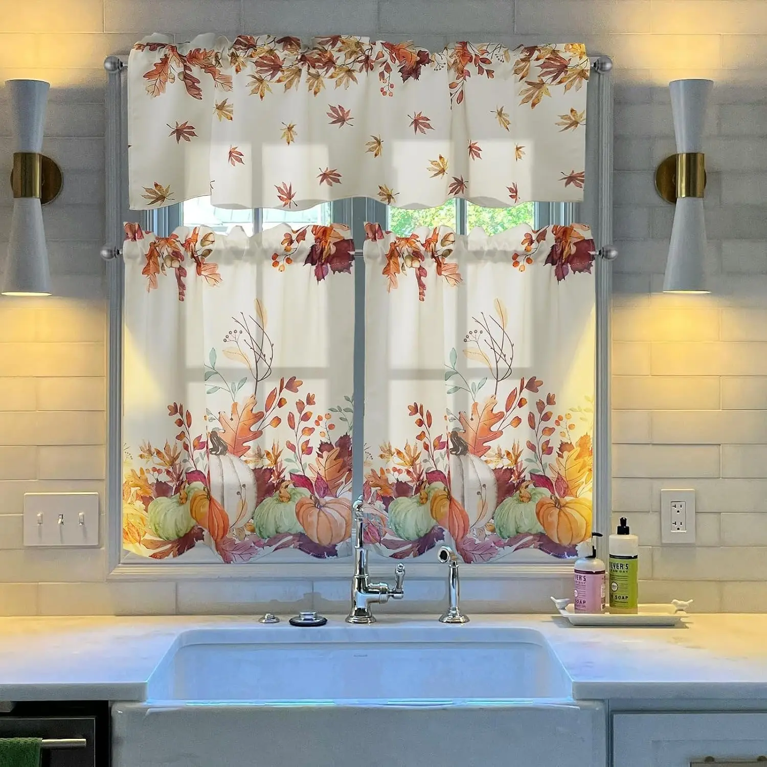 Fall Pumpkin Maple Leaves Kitchen Curtain 3 Piece Set, Polyester Farmhouse Thanksgiving Short Window Curtains with Valance & Tier Curtains, Decorative Cafe Sink Window Drapes for Indoor Home Decor