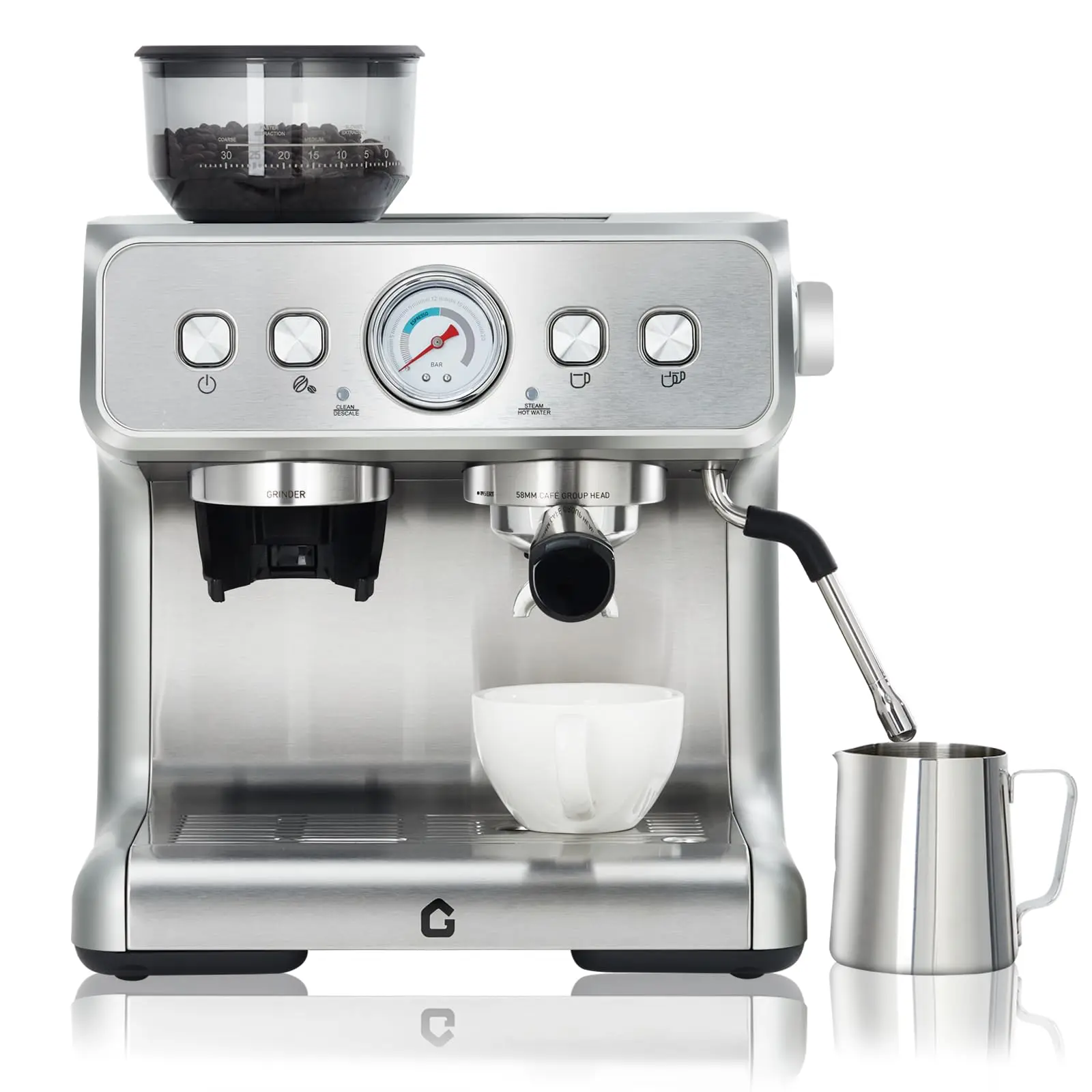 【Garvee】Semi-Automatic Pressure Coffee Machine with Grinder, 20 Bar Espresso Maker with Milk Frother Steam Wand, 30 Grind Settings, Pressure Gauge, 45oz Removable Water Tank, Hot Water Function, Self-Cleaning