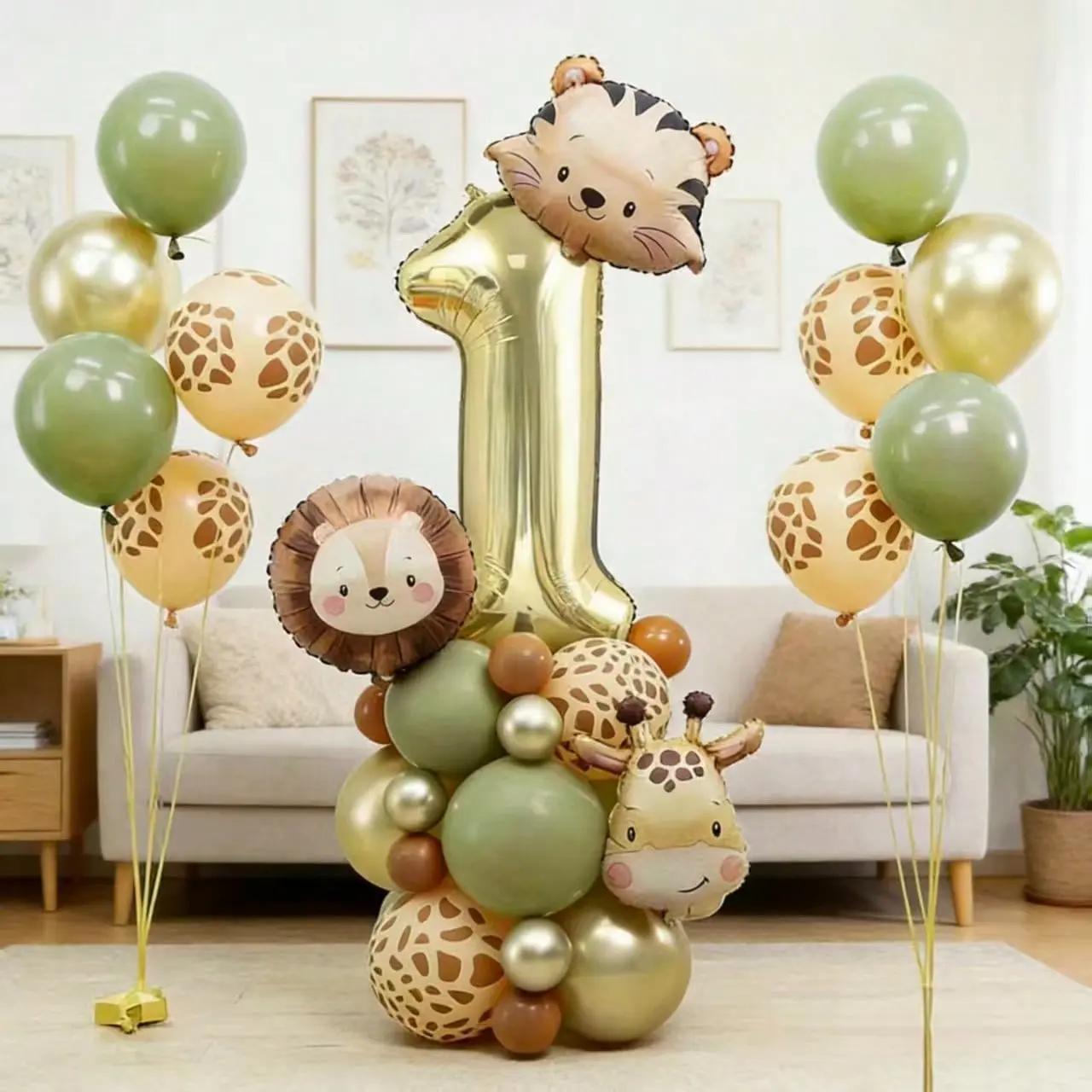 38pcs Cute Cartoon Animal Head Aluminum Foil Balloons Set, Tiger Lion Giraffe Balloon Stands, Jungle Theme Party Decorations