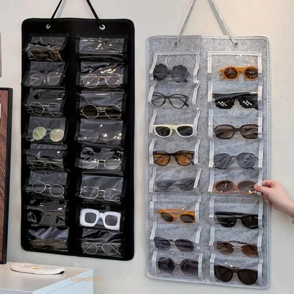 Hanging Sunglasses Organizer - 16-Pocket Nylon Wall-Mount Display, Dustproof Sturdy Storage Organiser for Closet, Dorm Rooms, Foldable Eyewear Organization Solution for Sports & Outdoor Protective Gear Use