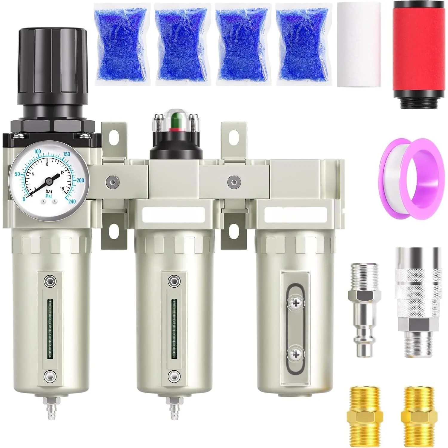0-240PSI 3/4 Inch NPT Industrial Grade Three Stage Air Drying System, Particulate Filter,Desiccant Dryer and Air Regulator,Coalescing Filter (Manual Drainage)
