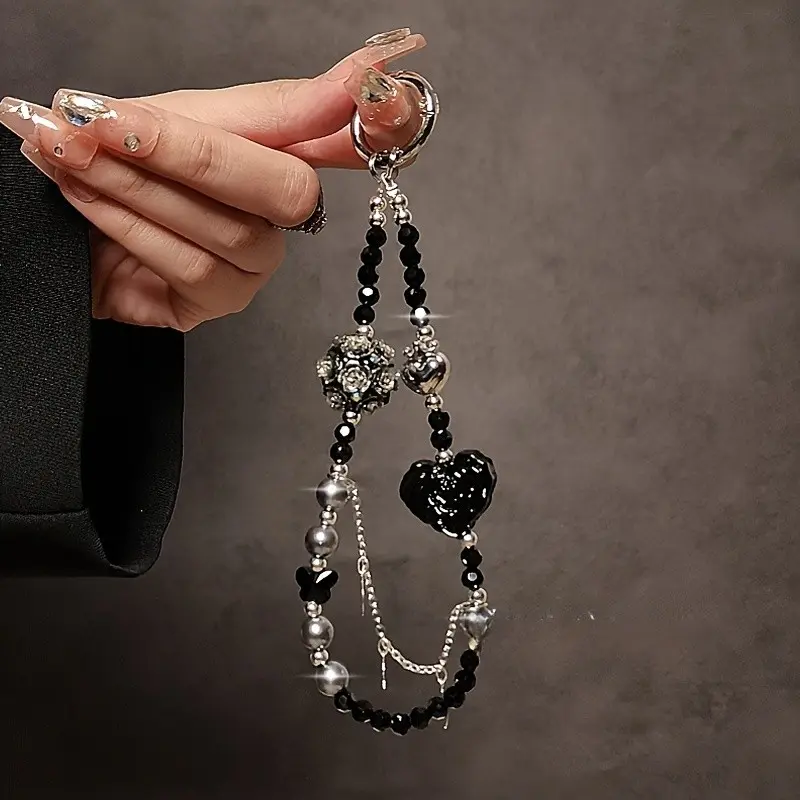 Luxurious Beaded Phone Strap, Phone Charms, Short Wrist Lanyard, Keychain, Bag Charm, Heart Embroidery Ball Bracelet, High-End Style Accessory