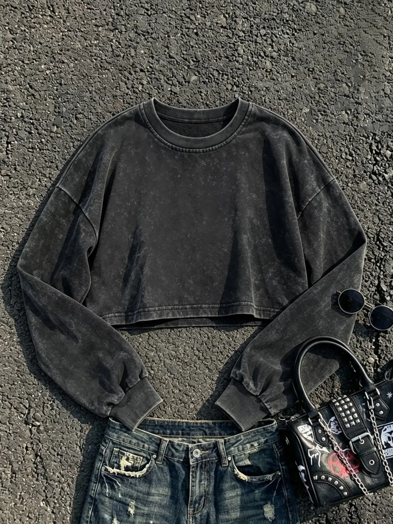 Vintage Washed Out Basic Fashion Crop Top Women's Sports Sweatshirt Streetwear, Casual Long Sleeve Fall Winter Hoodie, Perfect for Daily Commute & Street Style