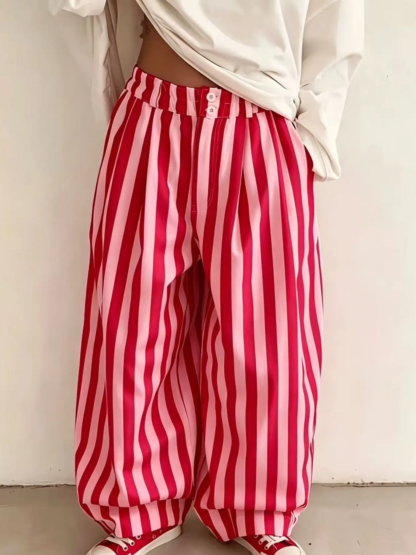 Women's Fashion Loose Wide-Leg Long Striped Pants with Drawstring, Comfortable and Breathable for Outdoor Casual Wear