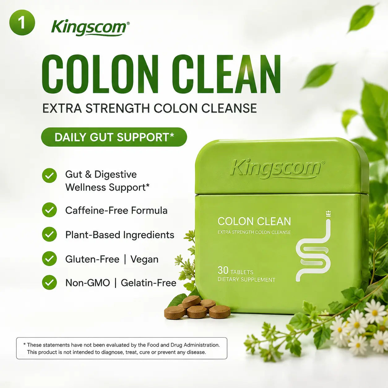 Kingscom Gut Colon Cleanse Tablets,15 Day Colon Cleanse Tablets, Natural Detox Support, Digestive Health Supplement, Fiber & Herbal , 30 Tablets skin