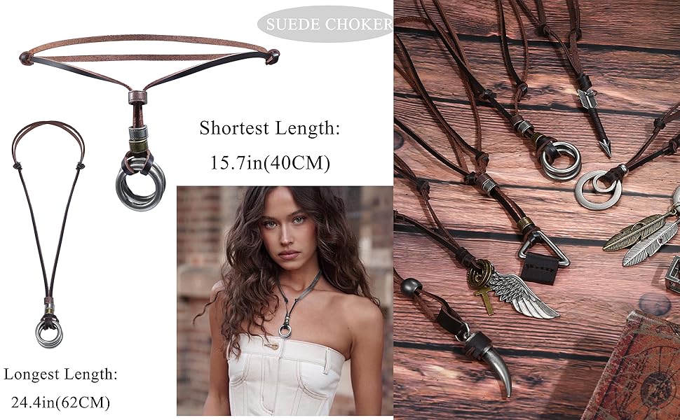 FASACCO 8pcs Feather Necklace for Men Women Brown Black Cord Necklace Tribal Arrow Wolf Tooth Feather Pendant Statement Necklace for Men Women