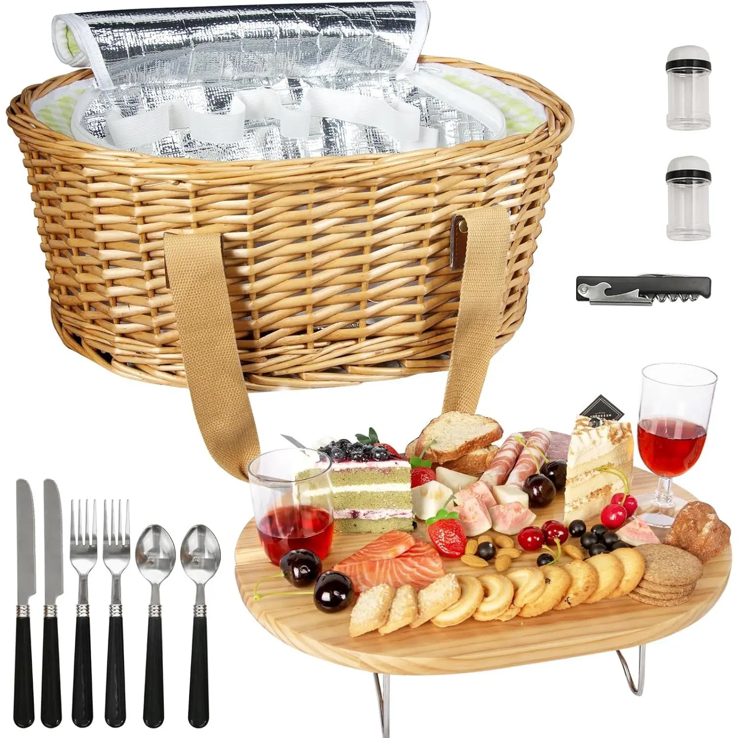 Wicker Picnic Basket Set for 2 with Mini Folding Wine Picnic Table & Large Insulated Cooler Bag & Cutlery Service Kits for 2 Person, Couples Gifts, Wedding Gifts (Y2209-2-GR)