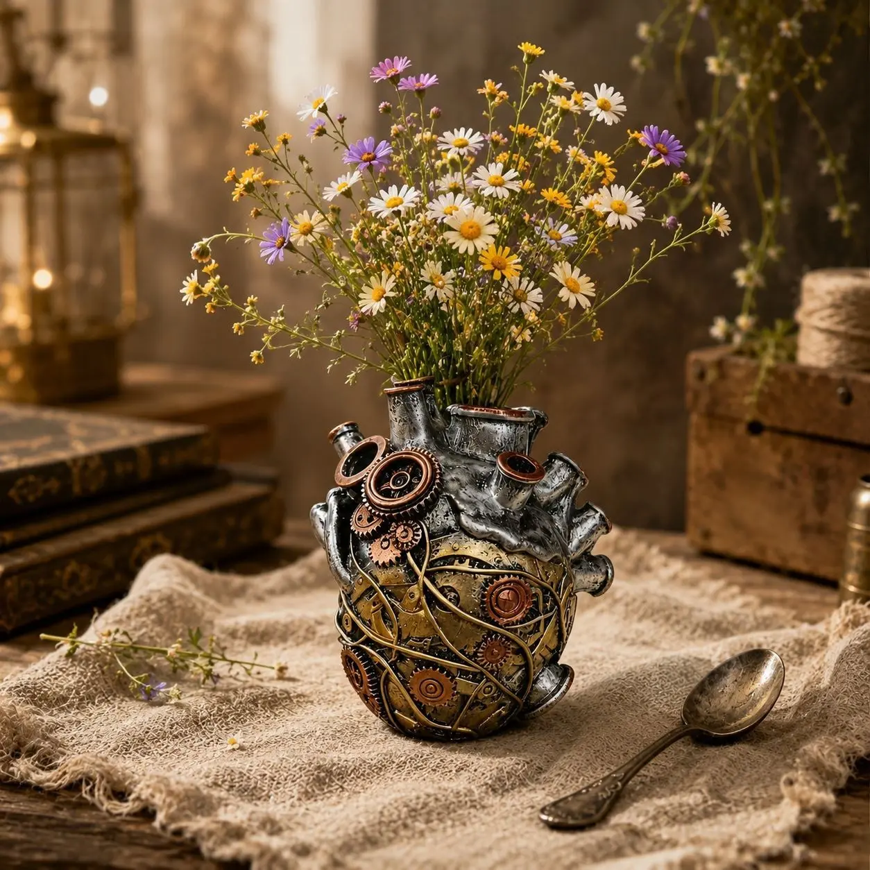 1PC Steampunk Heart-shaped Vase, Retro Gear Anatomical Heart Flower Vessel, Halloween Home Tabletop Decor Ornament