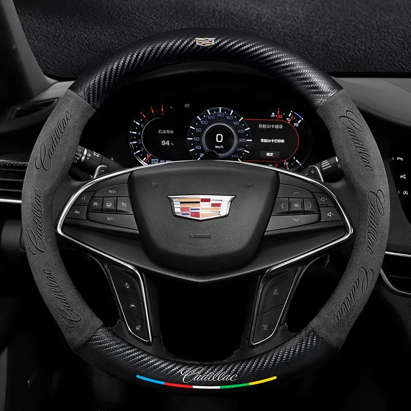 38cm Car Carbon Fiber Leather Steering Wheel Anti-Slip Cover For Cadillac ESCALADE ESV CT4 CT5 CT6 XT4 XT5 XT6 LYRIQ ATS CTS SRX XLR Auto Accessories