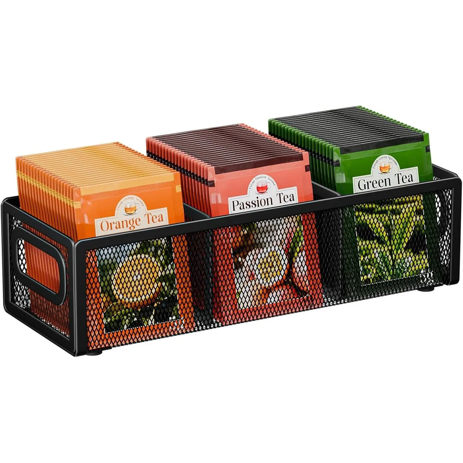 Tea Bag Organizer, Mesh Tea Bag Holder with Handle, Teabag Holder, Tea Station Organizer for Countertop, Pantry, Kitchen, Cabinet - Black
