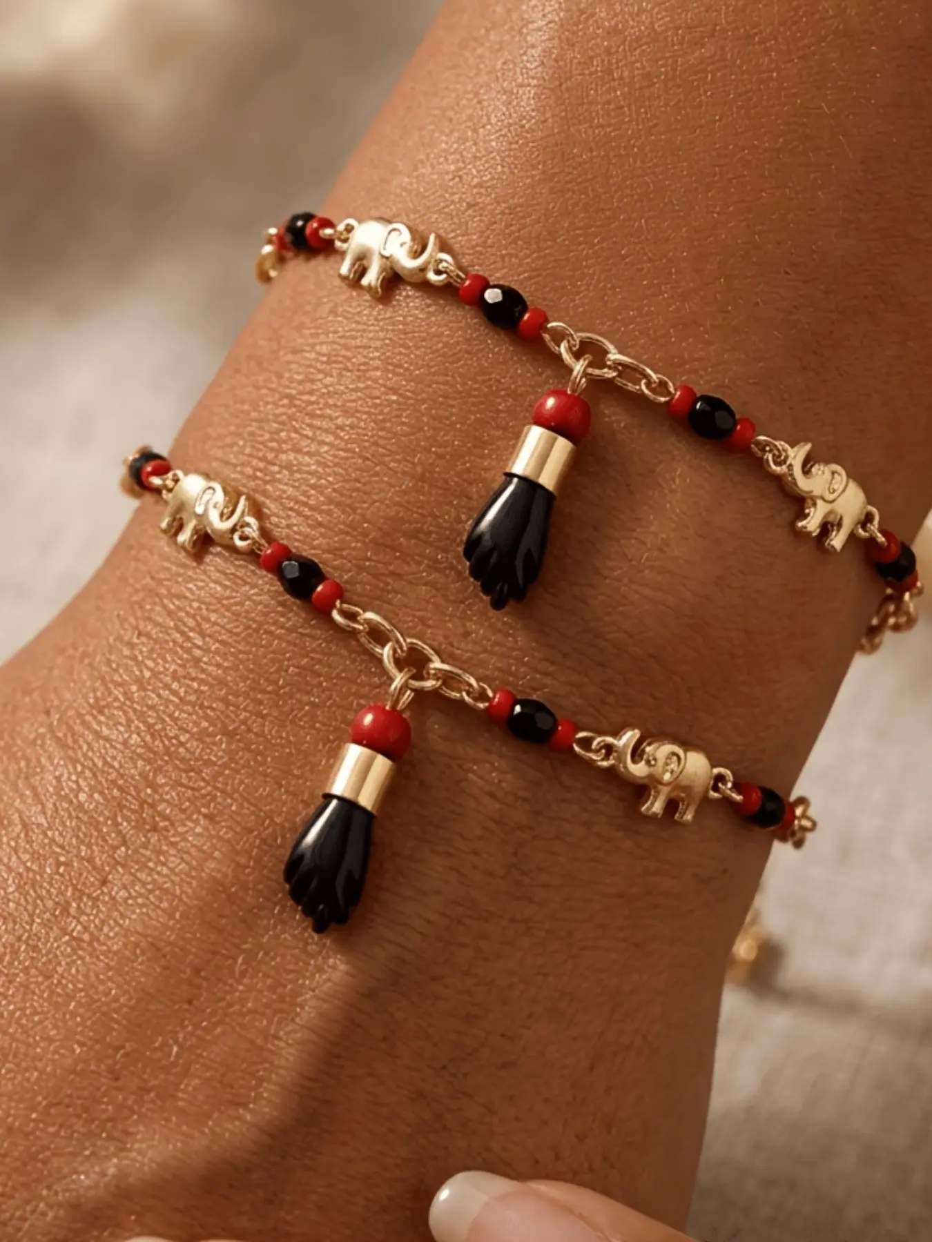 2 Pcs Elephant Fatima Bracelets, Women's Fashion Jewelry, Bohemian Style Stackable, Vintage Design, Perfect Gift for Parties, Holidays