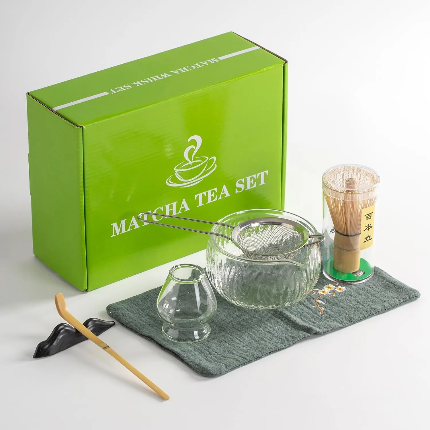 7 PCS Matcha Whisk Set With Bowl, Japanese Tea, Glass Matcha Making Kit Includes Bamboo Whisk, Holder Stand, Powder Starter Sifter, Scoop For Ceremony, Matcha Kit Gift for Matcha Lovers & Beginners