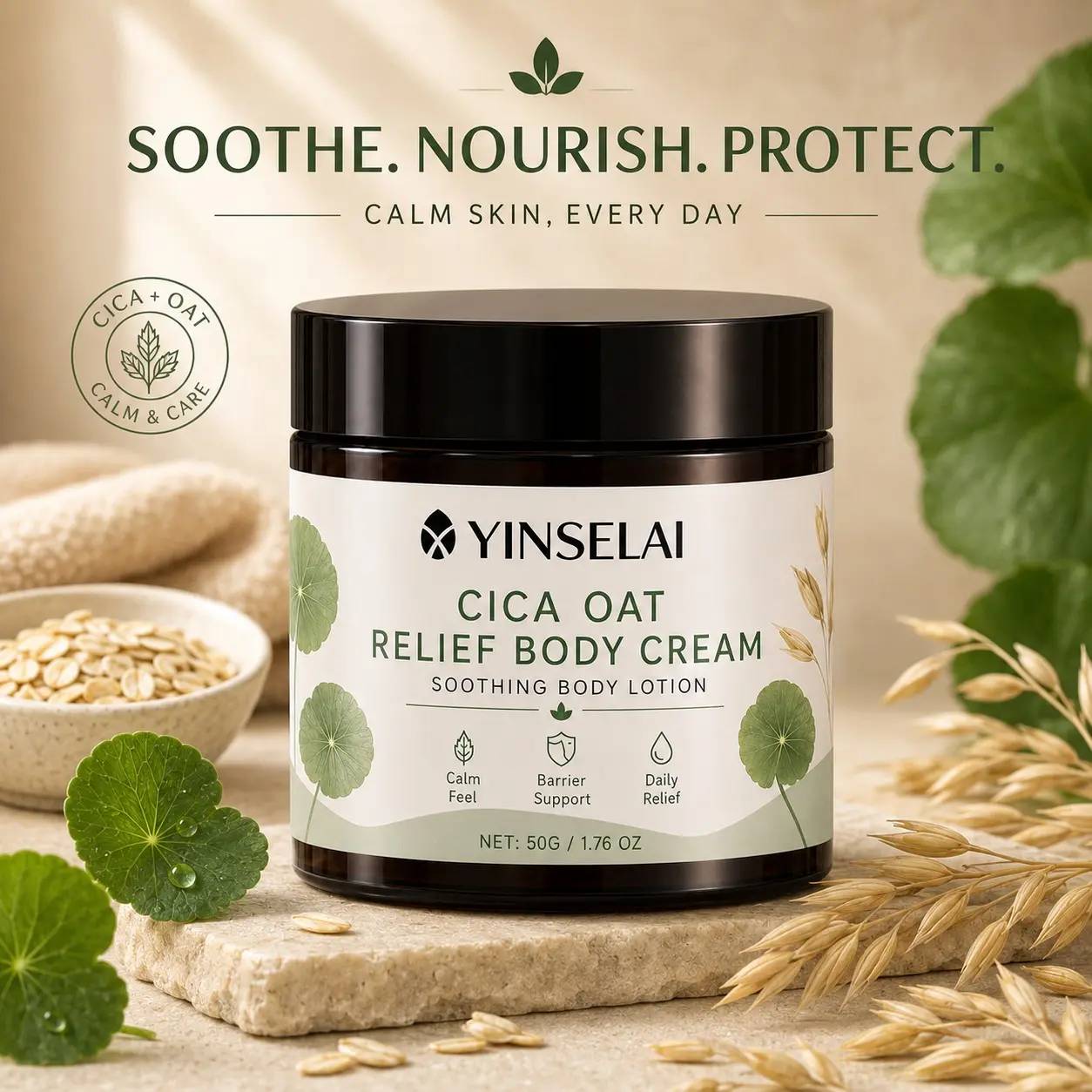 Cica Oat Relief Body Cream | Soothing Daily Moisturizing Lotion for Dry Rough Skin & Barrier Support (50g)