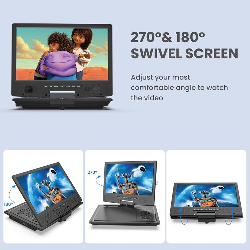 12.5" Portable DVD Player for  with 10.5" Swivel Screen, 5 Hours Rechargeable ,  DVD Player with Headrest Mount, Dual Speakers, Remote Control, Support USB/SD Card/Sync TV
