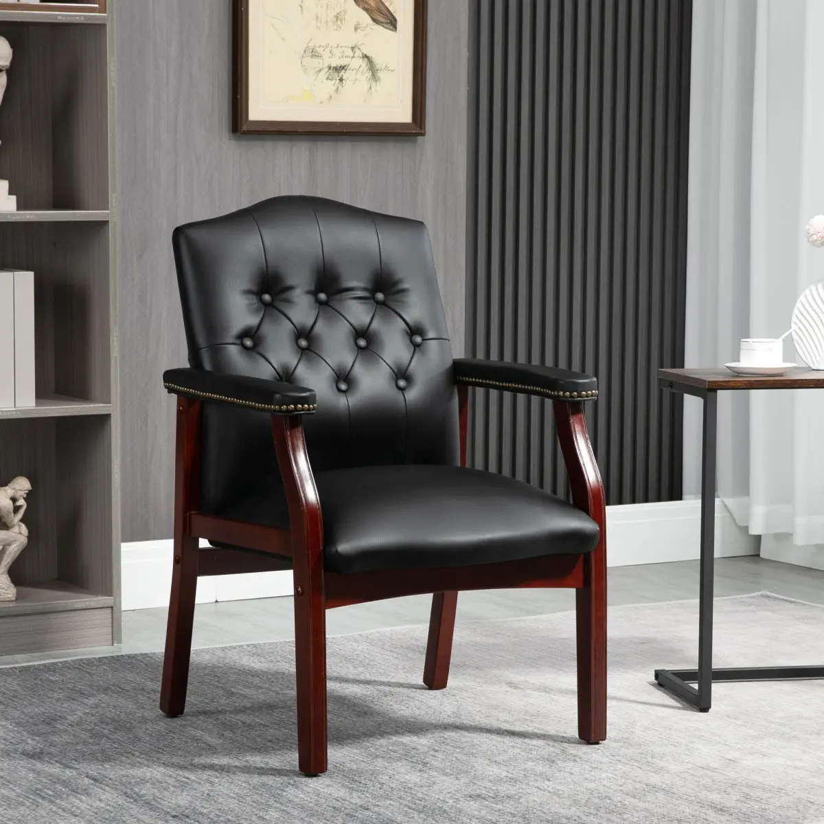 Black Leather Office Reception Chair No Wheels with Arms, Guest Waiting Room Chairs with Padded Seat, Executive Side Lobby Chair for Conference, Church, Pastors