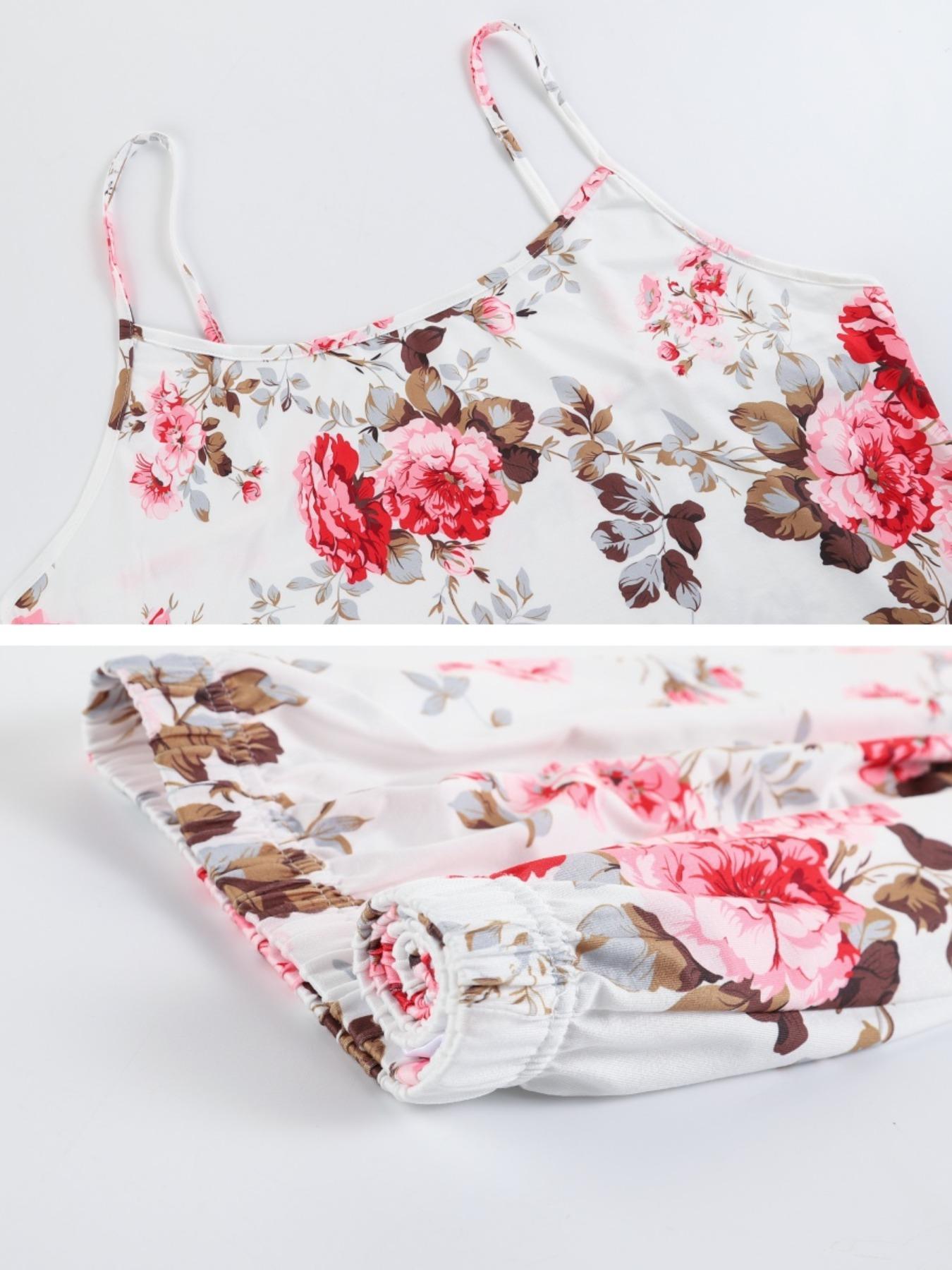 Women's All Over Floral Print Pajama Set, Long Sleeve Open Front Outwear & Pants & Cami Top, Casual Comfy Fitted Sleepwear Set for Women