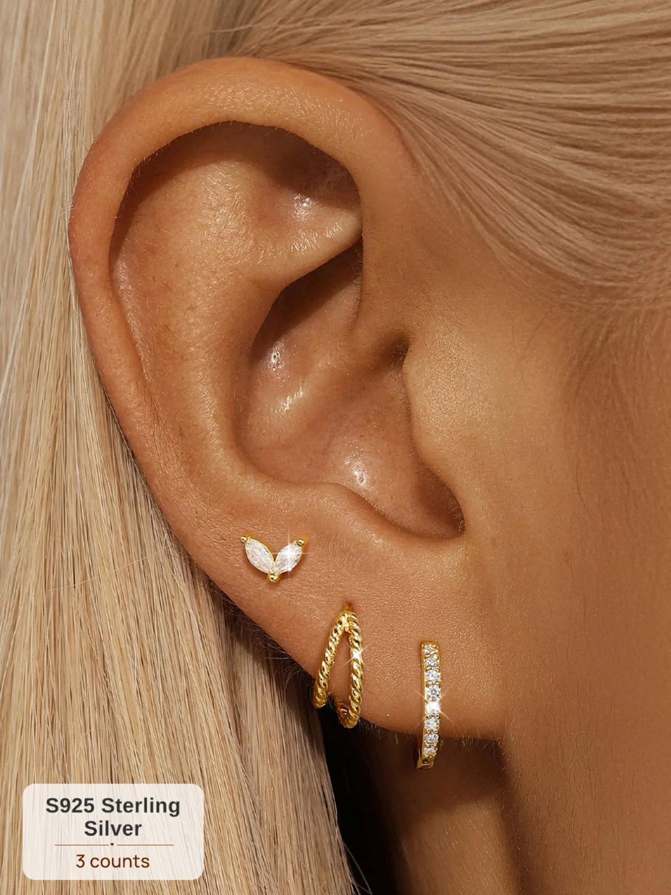 18K Gold Plated S925 Sterling Silver Geometric Earrings Set | 3-Piece Double-Layer Pave Diamond Studs | Hypoallergenic Ear Stacking Jewelry Stackable Earrings