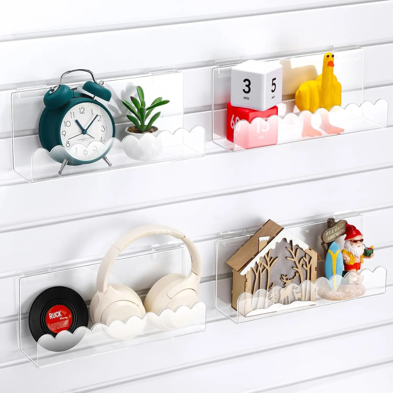 4 Pack Slatwall J Ledge Shelf, Clear  Slatwall Shelves with Lip  Storage Accessories for Retail Display Boutiques  Stores Boutiques (12 Inch Wide by 3 Inch Deep,Wavy Shape)