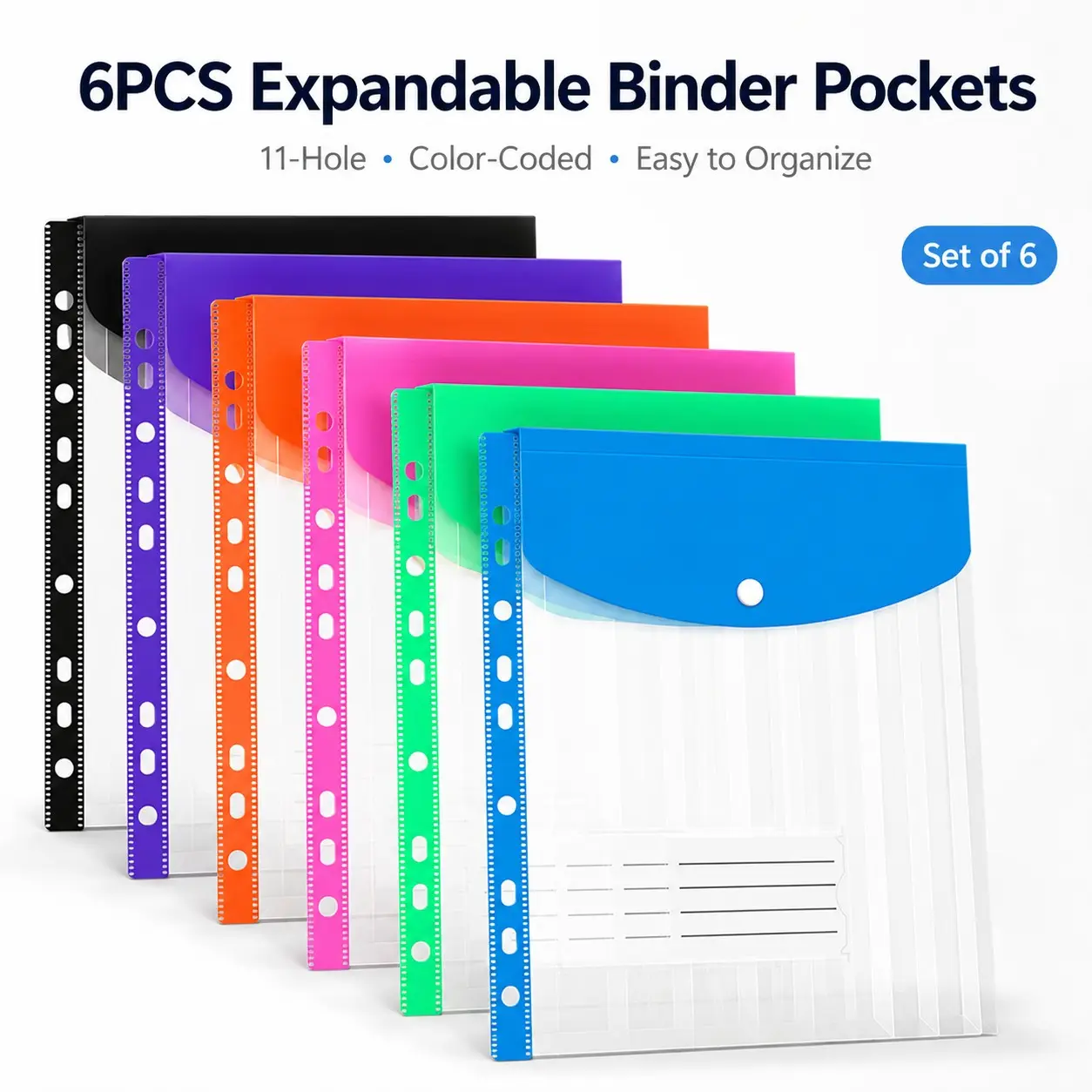 6PCS 11-Hole Expandable Plastic Envelopes Binder Pockets, Large Capacity Loose-leaf File Pocket Book Binder Folder, Contrast Binding Pocket, Suitable for Home, Office, School Supplies, Storage Organization, Office Accessories