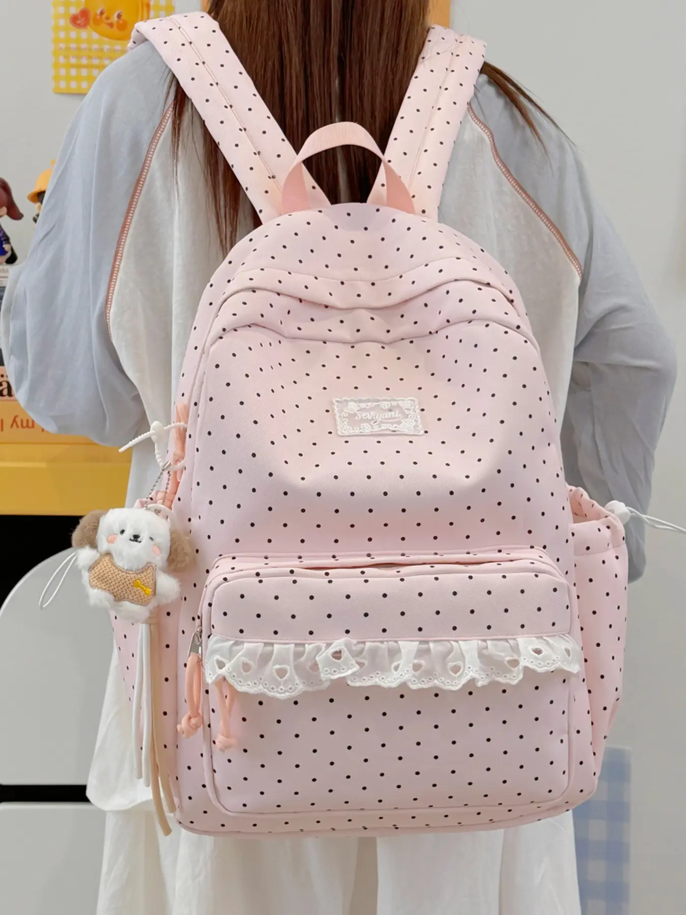1pc Light Pink Black Polka Dot Women Backpack, Fresh Soft Color Matching, Lace Decoration On Front Pocket, Neat Stitching To Stabilize Bag Structure, Gentle Rounded Shape. Fresh Versatile Backpack Matched With Loose Color-block T-shirt, Suitable For Camp