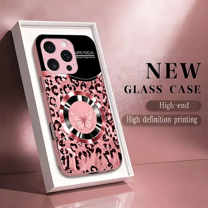 For【iPhone 16 Pro】Pink Leopard Print Luxury Tempered Glass MagSafe Compatible iPhone Case Shockproof Drop Protection Large Metal Camera Cutout Girly Aesthetic Phone Cover----9435