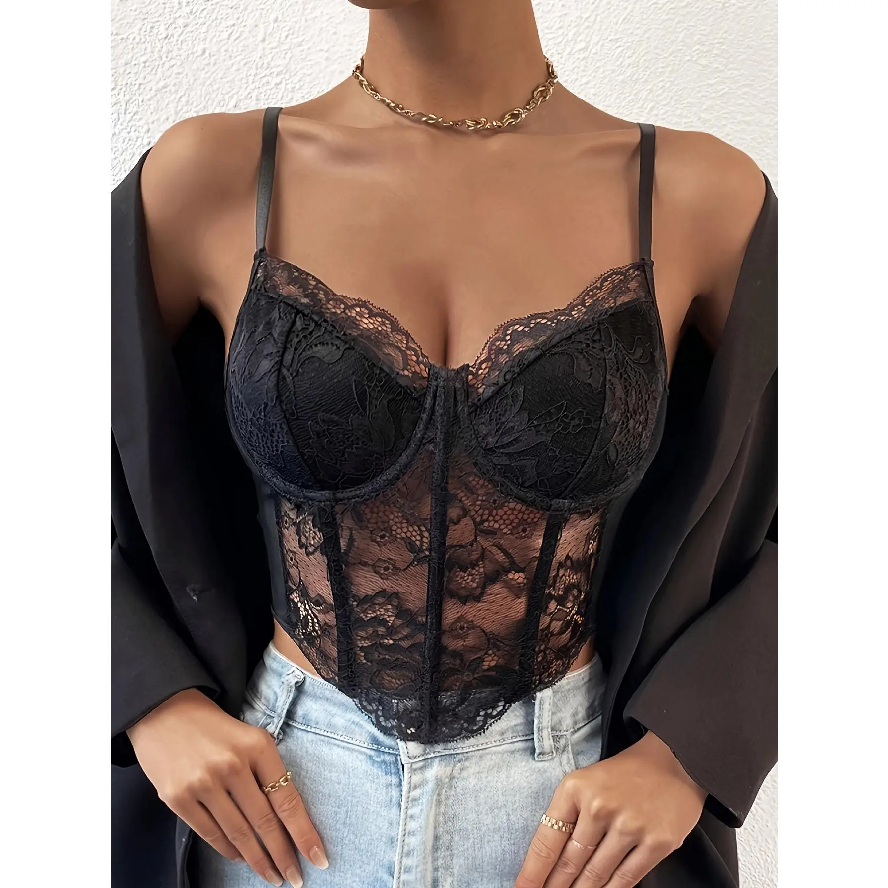Women's Red Floral Corset Top - V-Neck Bustier with Contrast Lace, Regular Length in a Mid Stretch Elastane Fabric, Polyester
