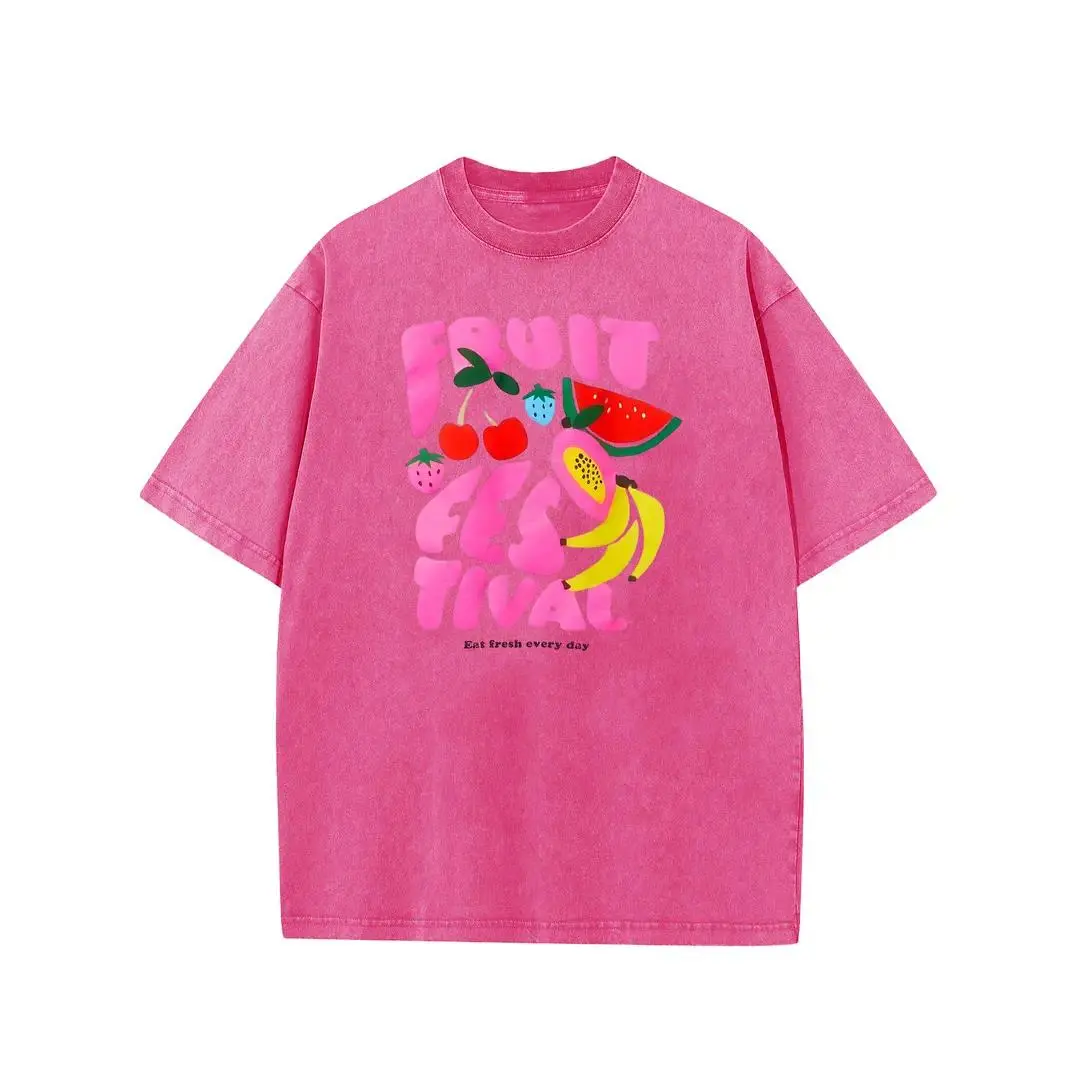 Men's Unisex Fruit Festival Graphic Crew Neck Tee - Heavyweight Cotton, Short Sleeve, Figure-Flattering, Hand Wash Only, All Seasons Streetwear for Travel & Everyday