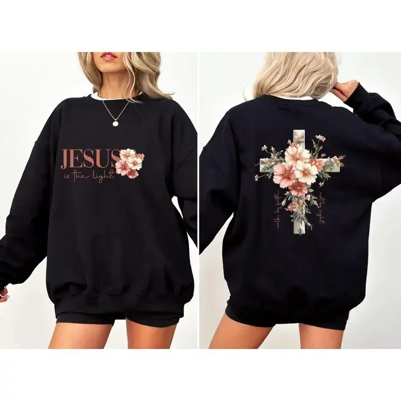 Jesus Is The Light Sweatshirt, Floral Cross Sweatshirt, Christian Sweatshirt, Religious Sweatshirt, Faith Hoodie, Womens Sweatshirt